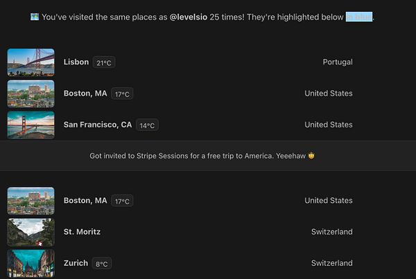 The image displays a user interface showing visited locations with associated temperatures and a message about an invitation to an event.