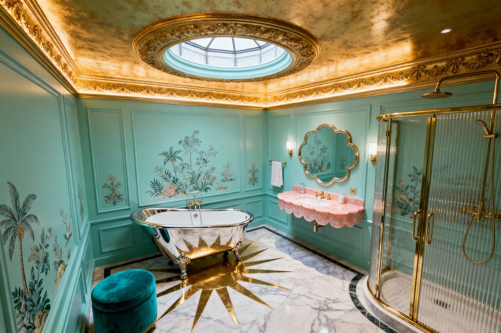A luxurious vintage-glam bathroom features turquoise paneled walls with hand-painted chinoiserie florals, a gold-leaf ceiling encircling a round skylight, and a freestanding polished metal tub set on white marble with a brass sunburst inlay. A scalloped pink stone vanity, clover-shaped gilt mirror, brass-framed fluted-glass shower, and a teal velvet ottoman are illuminated by cove lighting and wall sconces.