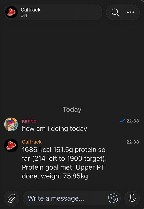 Screenshot of a Telegram chat showing the bot Caltrack interacting with a user.