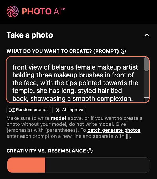 The image displays a user interface for a photo generation tool with a prompt input section and action buttons.
