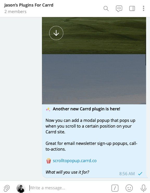 A Telegram chat post promoting a new plugin for Carrd.