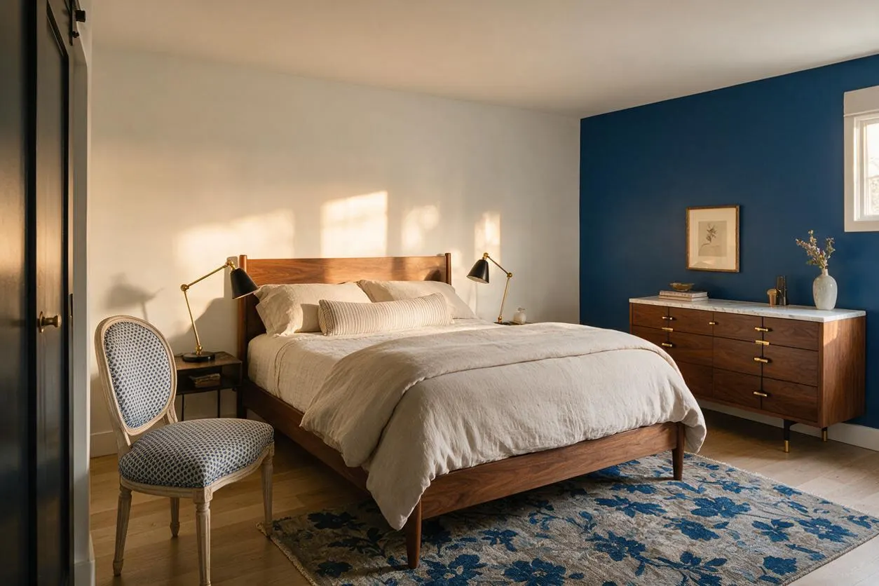 A master bedroom with a walnut wood bed centered on a patterned blue rug, paired with brass reading lamps, a woven upholstered accent chair, and a midcentury-style dresser with a white top. One wall is painted deep navy while the others are warm white, creating a calm but colorful eclectic look.