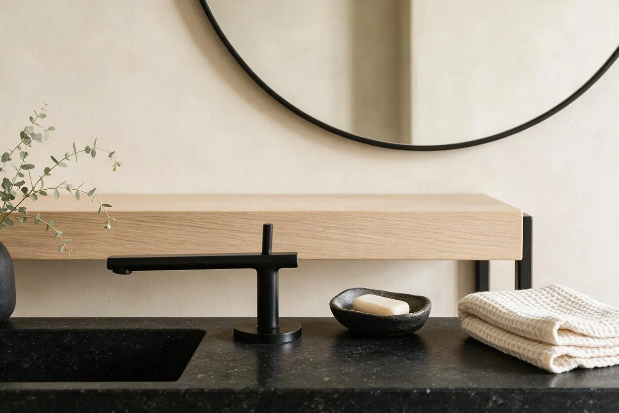 A Scandinavian-style bathroom vanity vignette with a matte black faucet set into a dark stone countertop, a light oak floating shelf above, and a round black-framed mirror. A small bowl, folded cream towels, and a simple vase with greenery complete the clean, calm composition.