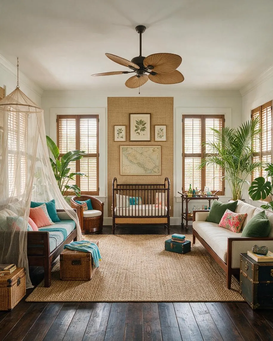 A tropical-style nursery with a dark wood crib centered on a woven rug, flanked by two sofas with colorful pillows and sheer canopy drapery. Large potted palms, wooden shutters, and botanical wall art create a warm, layered room with natural textures and soft daylight.