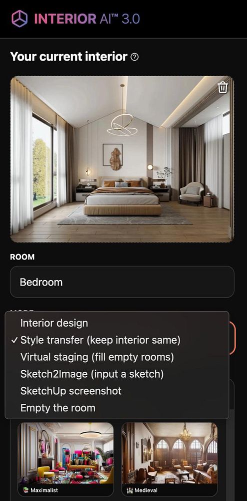 The image displays a user interface for an interior design application featuring a bedroom design and various style options.