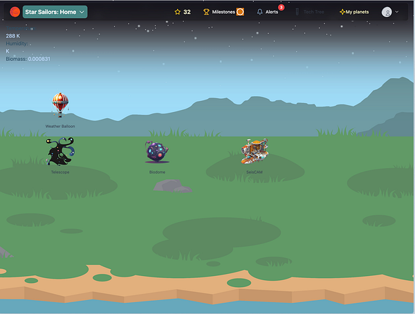 The image displays a game interface for the 'Star Sailors' project management platform, showcasing various scientific instruments on a stylized landscape.
