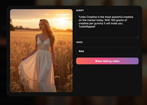 A woman in a flowing white dress stands in a golden field during sunset, with a video creation modal overlay.
