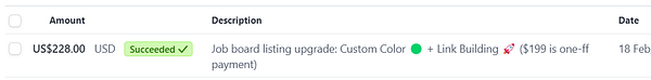A transaction record for a job board listing upgrade with link building services.