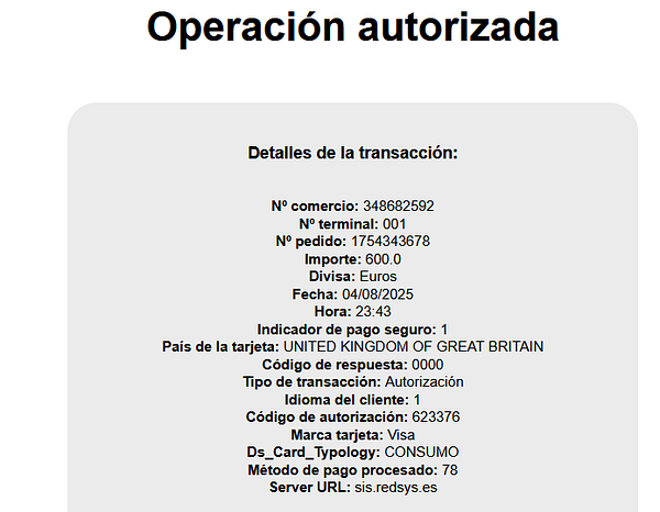 The image displays a transaction authorization receipt with detailed payment information.