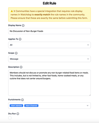 The image displays an interface for editing community rules with a warning message about rule name matching.