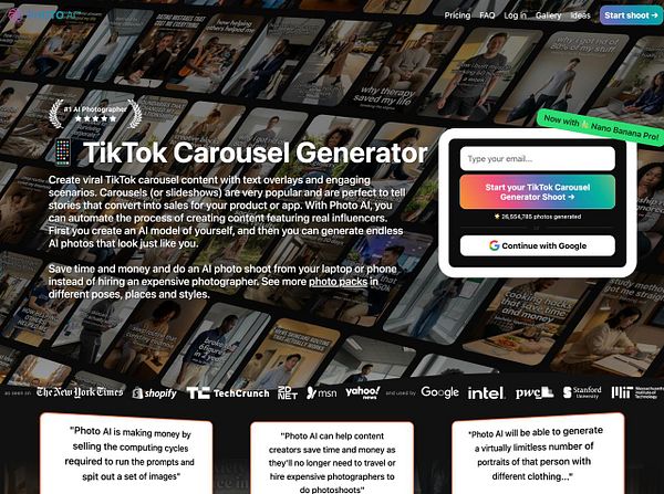 The image displays a promotional webpage for a TikTok Carousel Generator by Photo AI, showcasing various AI-generated photos and features.