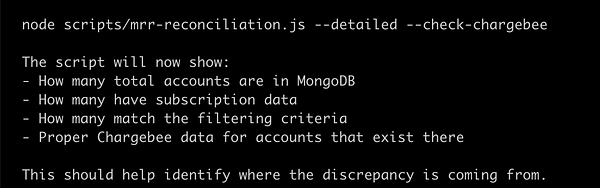 The image displays a terminal output for a script related to MRR reconciliation.