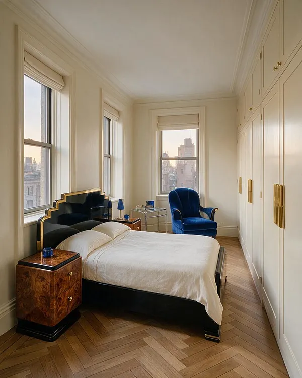 A refined master bedroom with a black and gold Art Deco bed, white bedding, and matching burl wood nightstands. Tall windows bring in soft daylight, while a plush royal blue velvet chair and built-in cream wardrobes with brass pulls add contrast and luxury.