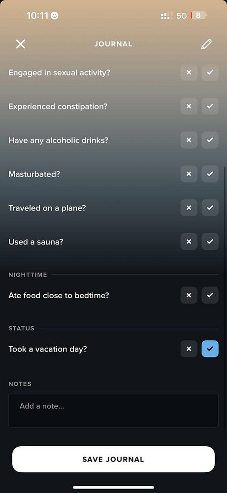 The image displays a journal interface with various health-related questions and checkboxes.