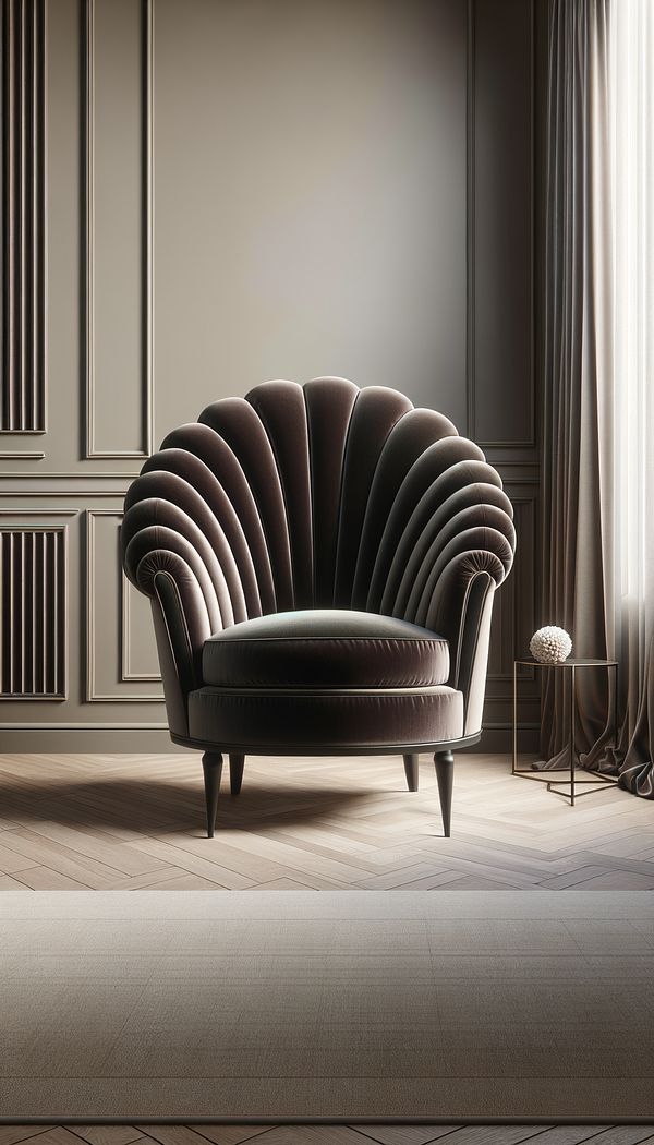 a minimalist living room with a luxurious velvet barrel back chair as the centerpiece