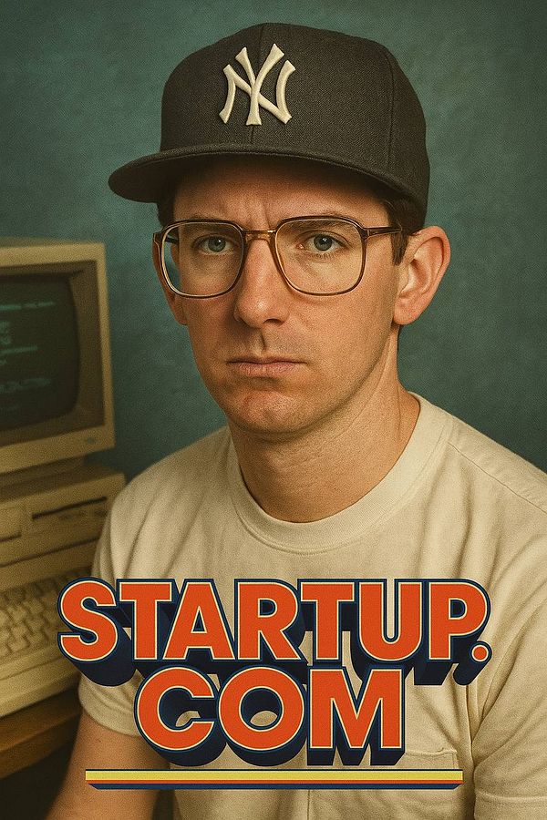 A man wearing a New York Yankees cap and glasses poses in front of a vintage computer, with the text 'STARTUP.COM' prominently displayed.