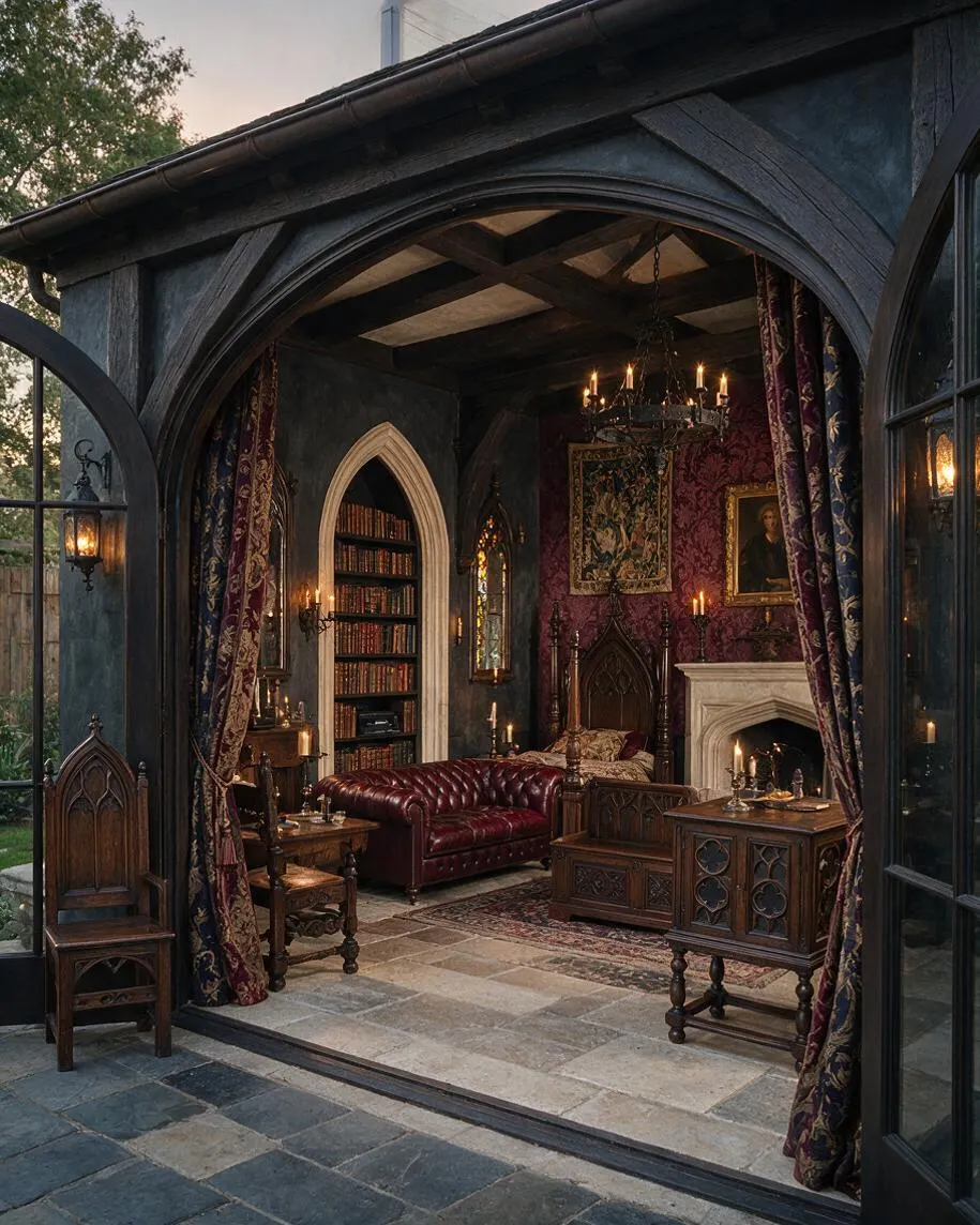 A dark, enclosed backyard sitting area styled in Gothic design, with pointed arch openings, carved wood furniture, a burgundy tufted sofa, patterned drapery, a stone fireplace, and candlelit chandeliers. Bookshelves, framed artwork, and heavy dark finishes create a dramatic, old-world atmosphere.