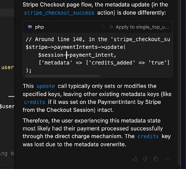 The image displays a code snippet and accompanying explanation related to Stripe's payment processing.