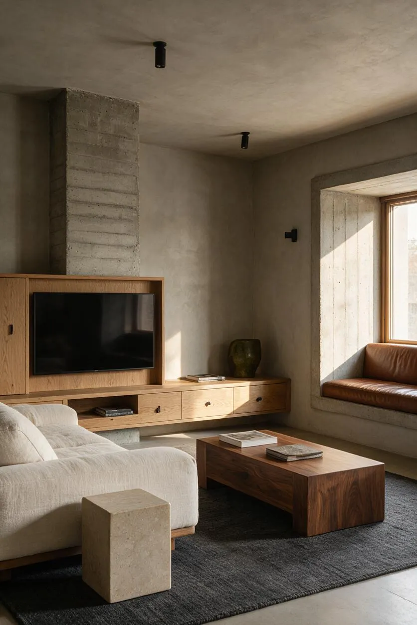 A living room with Brutalist-inspired design features exposed concrete walls and ceiling, a built-in concrete column, and warm wood furniture. A low cream sofa, walnut coffee table, and wood TV unit sit on a dark rug beside a sunlit window seat with brown leather upholstery.