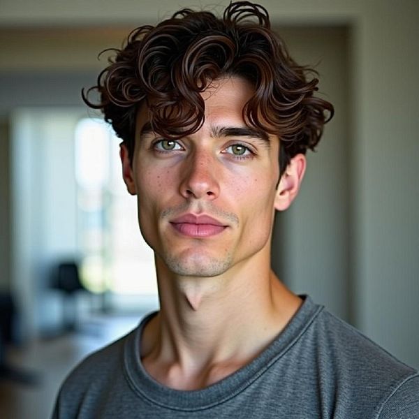 A young man with curly hair and striking green eyes poses for the camera in a well-lit indoor setting.