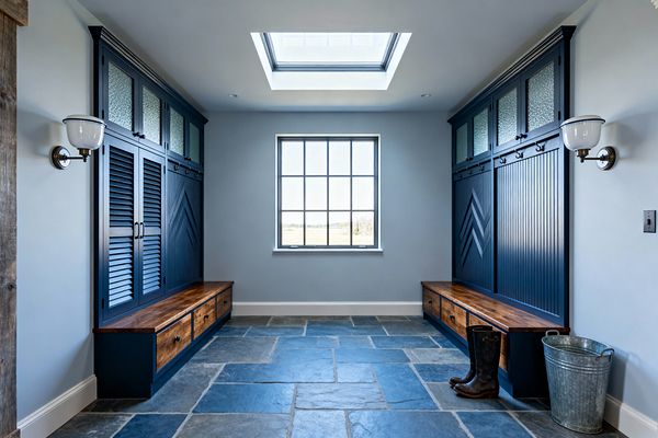 A symmetrical mudroom features deep navy built-in lockers on both sides with beadboard panels, chevron detailing, and textured glass upper cabinets. Warm wood bench tops with drawer storage run the length of each wall above blue‑gray slate flooring; a large grid window and central skylight brighten the space, complemented by schoolhouse wall sconces, black coat hooks, a pair of boots, and a galvanized metal bucket.