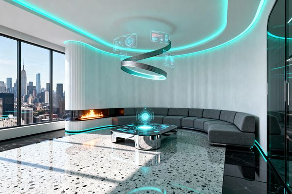A bright, futuristic living room with a large curved gray sectional wraps a white fluted wall, where a slim linear fireplace burns. A chrome coffee table with holographic interface sits on polished terrazzo flooring beneath a spiral LED pendant, while aqua LED strips trace the ceiling and baseboards; floor-to-ceiling windows reveal a dense city skyline, and a glass doorway at right reflects light, creating a sleek, high-tech lounge with soft textures and warm flame contrast.