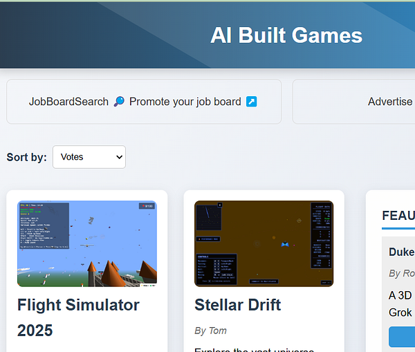 The image displays a user interface for a platform showcasing AI-built games.