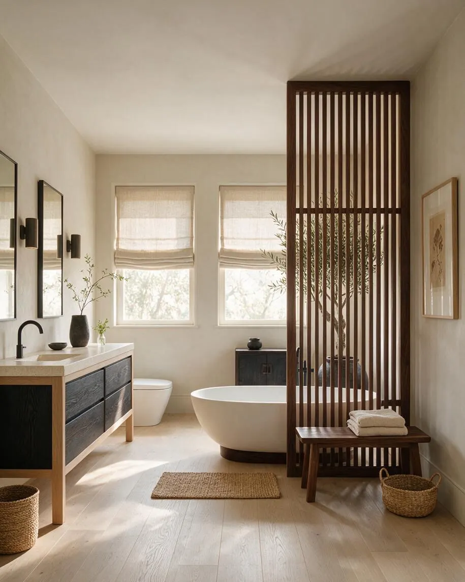 A calm Japandi bathroom with a dark wood vanity, white countertop, oval freestanding tub, and soft beige walls. A vertical slatted wood screen partially divides the room, while woven baskets, a small bench, and linen towels add natural texture.