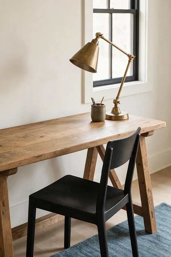 A simple farmhouse-style workspace features a weathered wooden desk with trestle legs, a matte black chair, and a brass adjustable task lamp. The desk sits beside a black-framed window, with a small ceramic cup and a soft blue rug adding warmth and contrast.