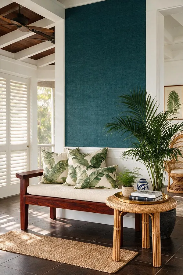 A tropical front porch with a dark wood bench and cream cushion, layered with green palm-print pillows. A teal textured wall panel rises behind it, while a rattan side table, woven rug, potted palms, and white shutters create a bright, airy, resort-like feel.