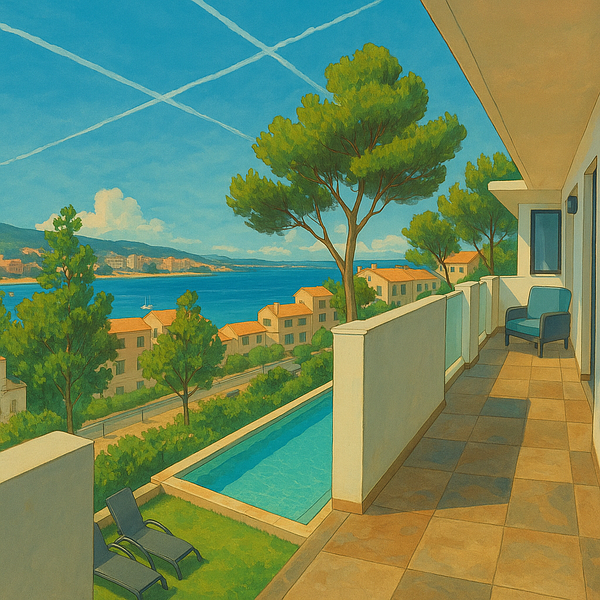 A vibrant balcony view overlooking a serene coastal landscape with a pool and nearby houses.