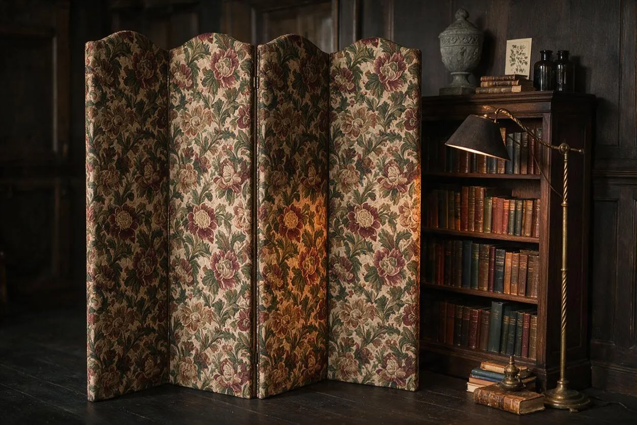 A dark academia corner featuring a four-panel folding screen upholstered in dense floral fabric with muted rose and green tones. It stands beside a wooden bookcase filled with old books, a brass floor lamp, and decorative objects, all set against dark paneled walls and a black floor.