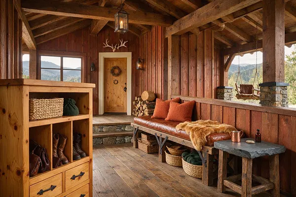 A covered rustic front porch with exposed timber beams, vertical wood plank walls, and a plank floor. The space includes a wooden storage cabinet, a leather bench with rust-colored pillows and a fur throw, baskets and boots beneath, a stone-topped side table, and a hanging porch swing with mountain views beyond.
