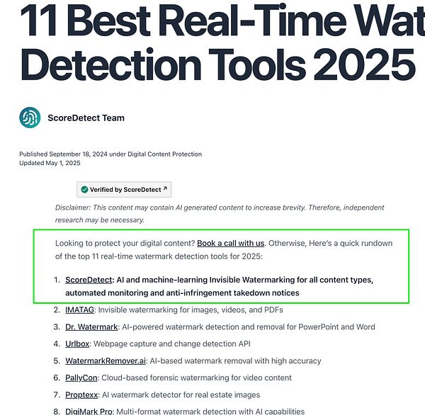 The image displays an article titled '11 Best Real-Time Watermark Detection Tools 2025' with a focus on digital content protection.