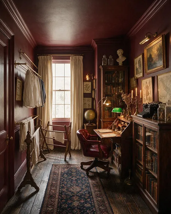 A narrow laundry room styled like a scholarly study, with deep burgundy walls, a dark wood floor, and cream curtains framing a bright window. Brass drying racks, a patterned runner, vintage books, framed artwork, a globe, a typewriter, and a leather chair create a richly layered Dark Academia atmosphere.