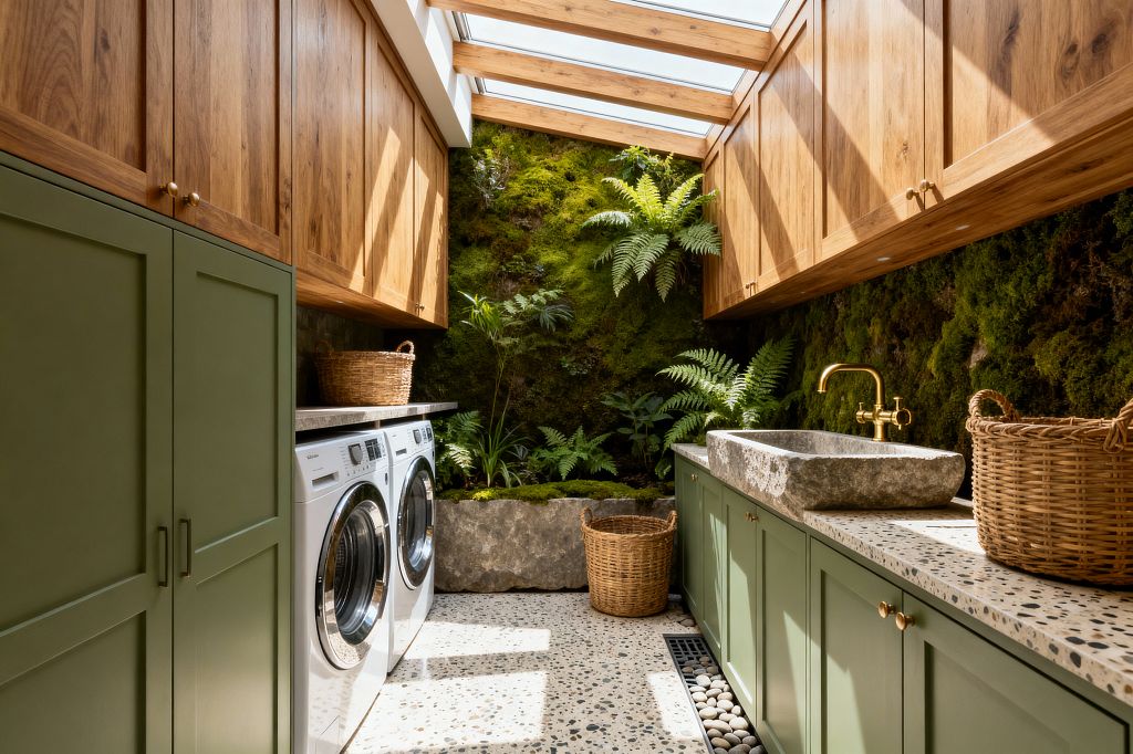 A narrow laundry room features a living moss wall with ferns at the far end beneath a glazed skylight with timber beams. Olive green Shaker cabinets line both sides with warm oak uppers, a terrazzo counter and floor, a rough-hewn stone sink with a brass faucet, woven rattan baskets, and a stainless front-load washer and dryer, creating a sunlit, nature-focused workspace.