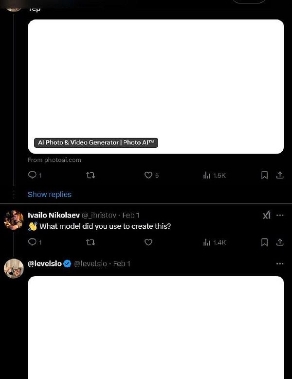 The image displays a Twitter conversation about an AI photo and video generator.
