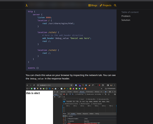 The image displays a code snippet for an Nginx server configuration alongside a browser's developer tools interface showing a site response.