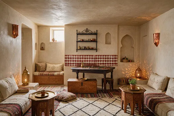A cozy Moroccan-style game room with low cushioned benches, carved wooden tables, and a central gaming table arranged on layered rugs. Cream plaster walls feature arched niches, copper lantern sconces, and a small patterned tile band, creating a warm, intimate atmosphere.