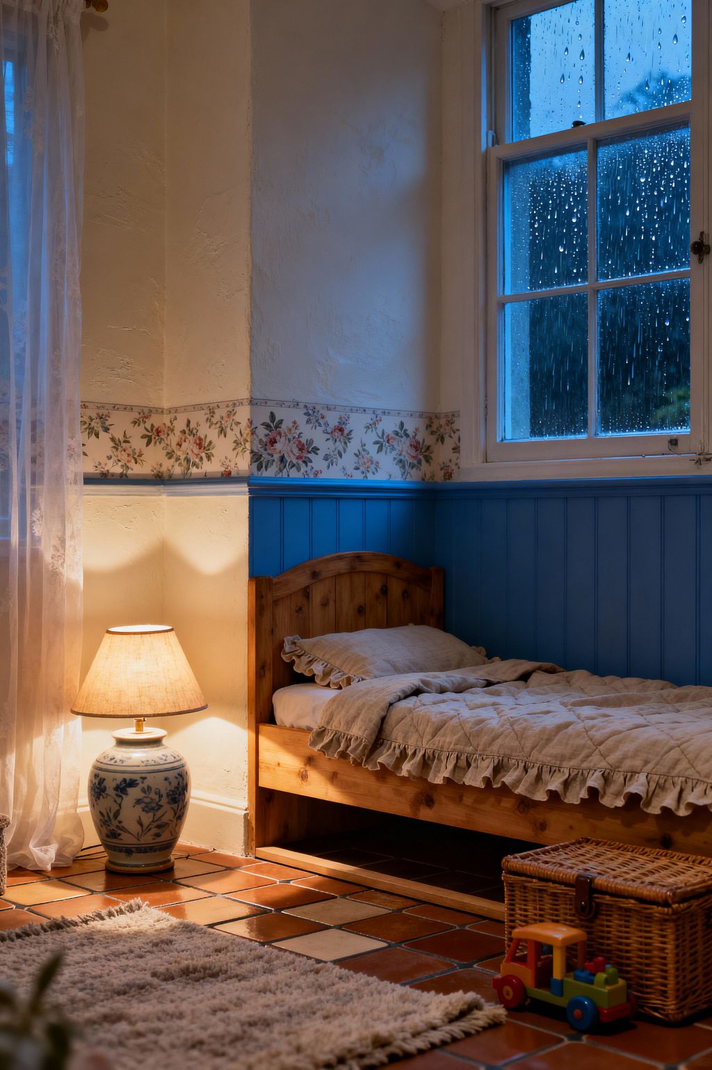A cozy children’s room features a single pine bed with ruffled beige linen against cornflower-blue beadboard and a floral wallpaper border. A blue-and-white ceramic lamp with a linen shade glows near lace curtains, while terracotta tiles, a soft rug, a wicker toy basket, and a wooden toy truck sit below; rain-speckled window panes reveal evening light, mixing cool blue tones with the lamp’s warm glow.