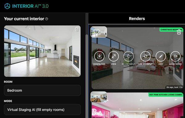 The image displays a user interface for an interior design application featuring a current interior view and render options.