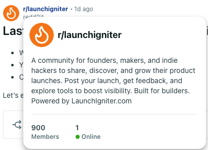 Screenshot of a Reddit community page named 'cross' with 900 members in the r/launchigniter subreddit.