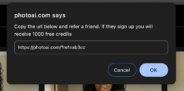 A referral pop-up from photoai.com displaying a referral link and instructions.