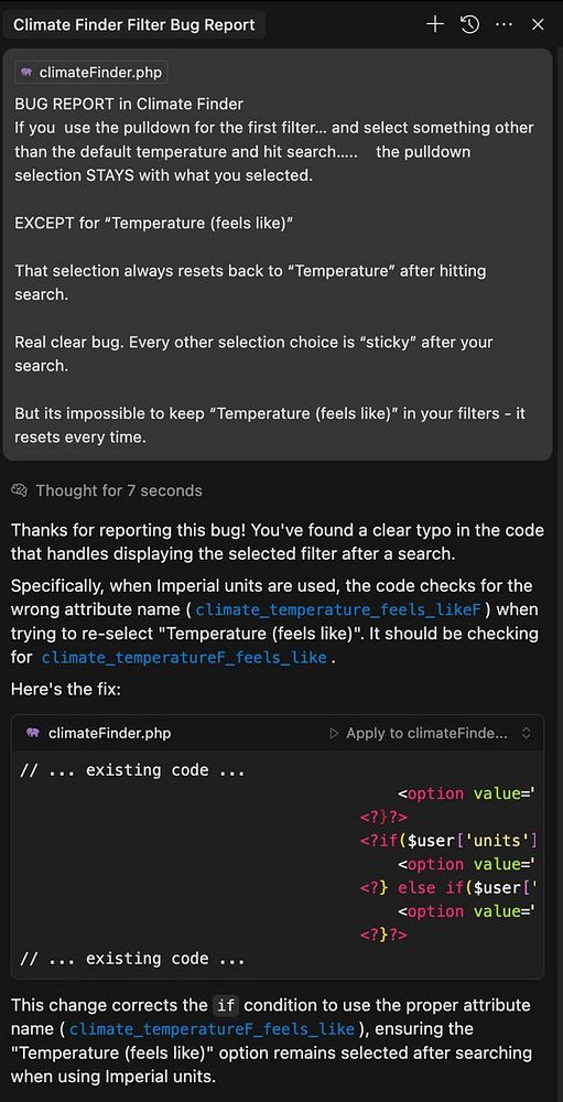 A bug report detailing an issue with the Climate Finder application related to filter selections.