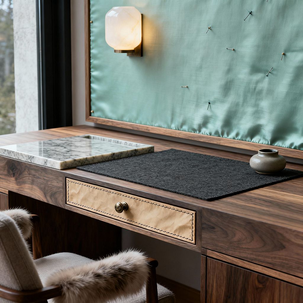 Close-up of a transitional home office desk in rich walnut with a drawer faced in tan leather featuring contrast stitching and a brass knob. Above the desk is a seafoam silk pinboard with scattered pins and a glowing faceted alabaster wall sconce; on the surface sit a white marble tray, a charcoal wool felt mat, and a small gray ceramic vessel beside a black-framed window and a plush chair with fur-trimmed arms.