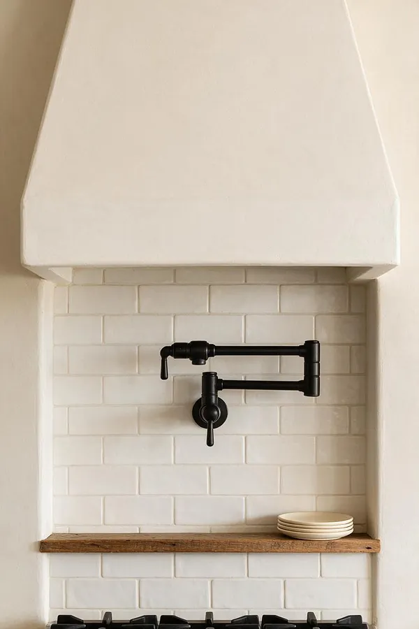 A farmhouse kitchen niche with white subway tile, a matte black wall-mounted faucet, and a rustic wooden shelf beneath a large plaster range hood. A stack of small white plates sits on the shelf, and the top of a black gas cooktop is visible at the bottom.