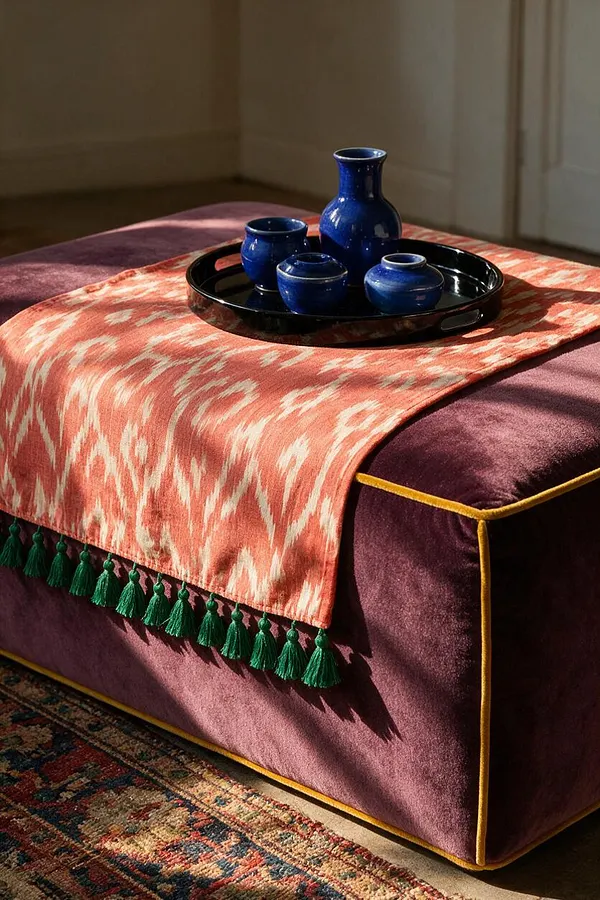 A plush rectangular ottoman in deep plum velvet is topped with a coral-and-cream ikat textile and a black tray holding small cobalt blue ceramic vessels. Green tassel fringe hangs along the edge, and gold piping outlines the ottoman against a patterned rug and sunlit wall.