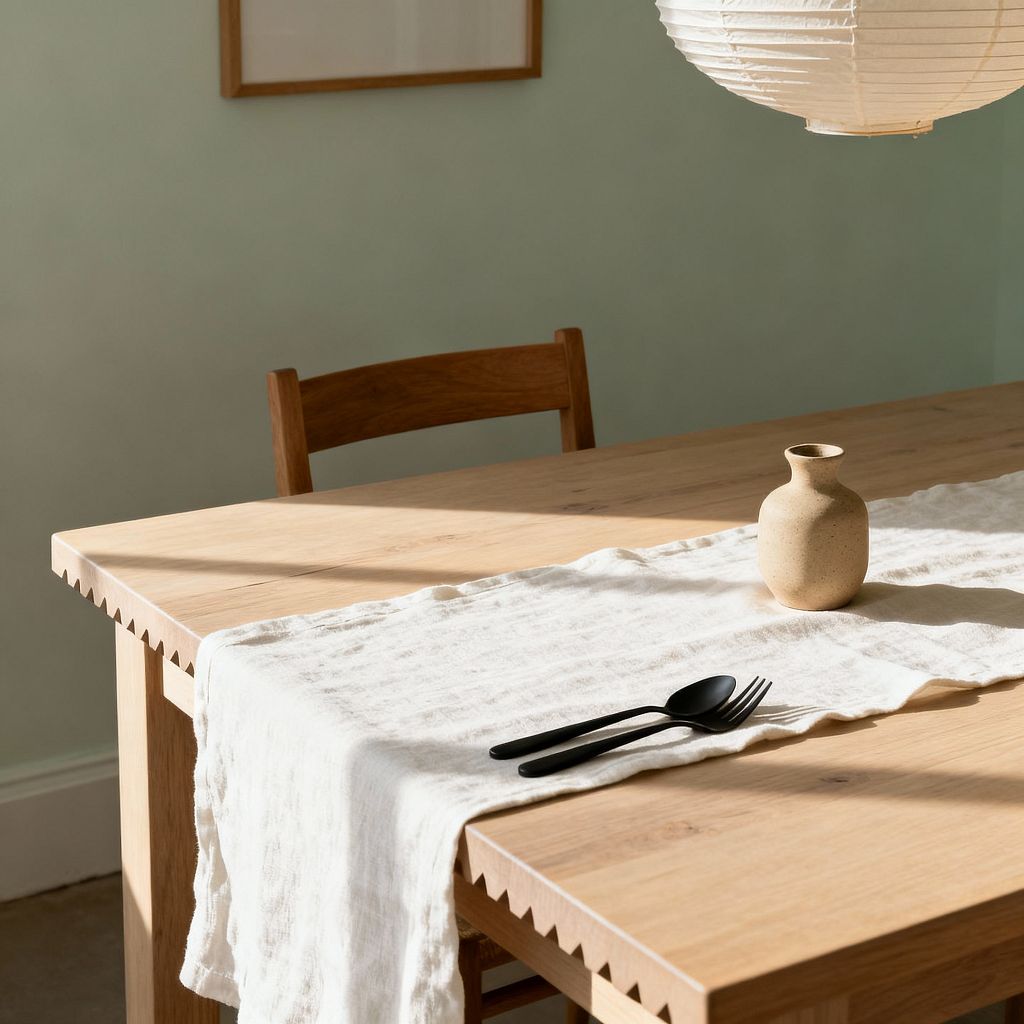 A light oak dining table with a distinctive scalloped edge is styled with a crinkled white linen runner, a small speckled stoneware vase, and matte black fork and spoon, with a simple wooden chair set behind it against soft sage green walls. Warm sunlight casts shadows across the surface as a white paper lantern pendant hangs overhead and a minimal wood-framed artwork is partially visible, creating an uncluttered, calm scene that emphasizes natural textures and clean lines.