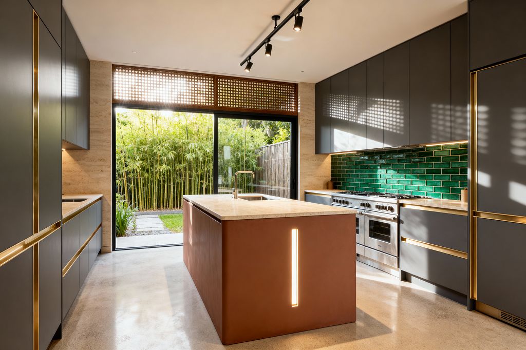 Contemporary kitchen with matte dark gray cabinets trimmed in brass and a terracotta island with an integrated vertical light, all topped with pale stone counters. A glossy emerald subway tile backsplash, stainless-steel professional range, under-cabinet lighting, black ceiling track lights, and polished concrete floor sit before a wall of sliding glass doors and a perforated timber screen that open to a bamboo garden, filling the room with filtered natural light.