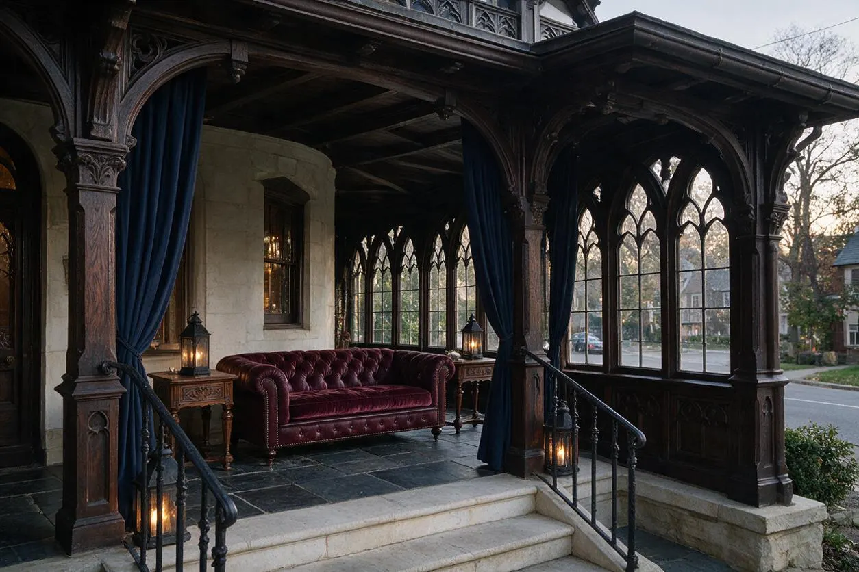 A Gothic-style front porch with dark carved wooden arches, pointed tracery windows, and heavy navy drapes framing the space. A burgundy tufted velvet sofa sits on dark stone flooring beside small carved wood tables and lanterns, with stone steps and iron railings leading up to the entrance.